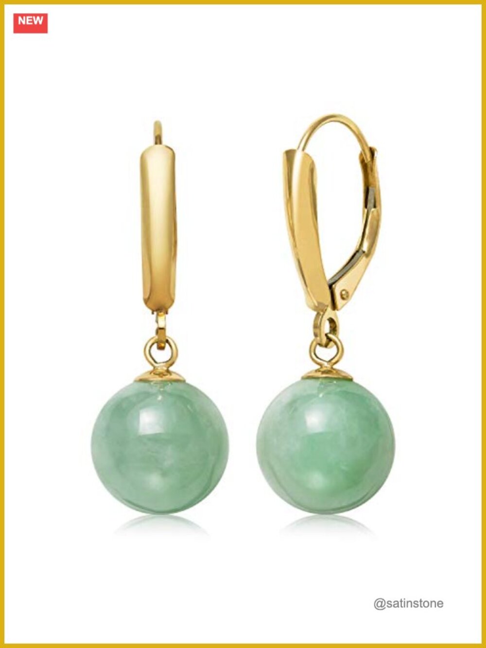 14K Yellow Gold Jade Dangle Drop Earrings Leverback Gift Box